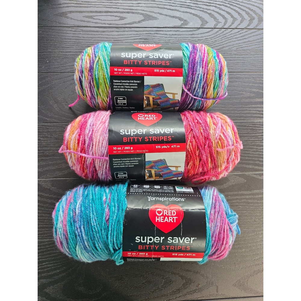 Red Heart Super Saver Bitty Stripes Yarn Lot 3 Skeins Crayon Pink Unicorn Mane
